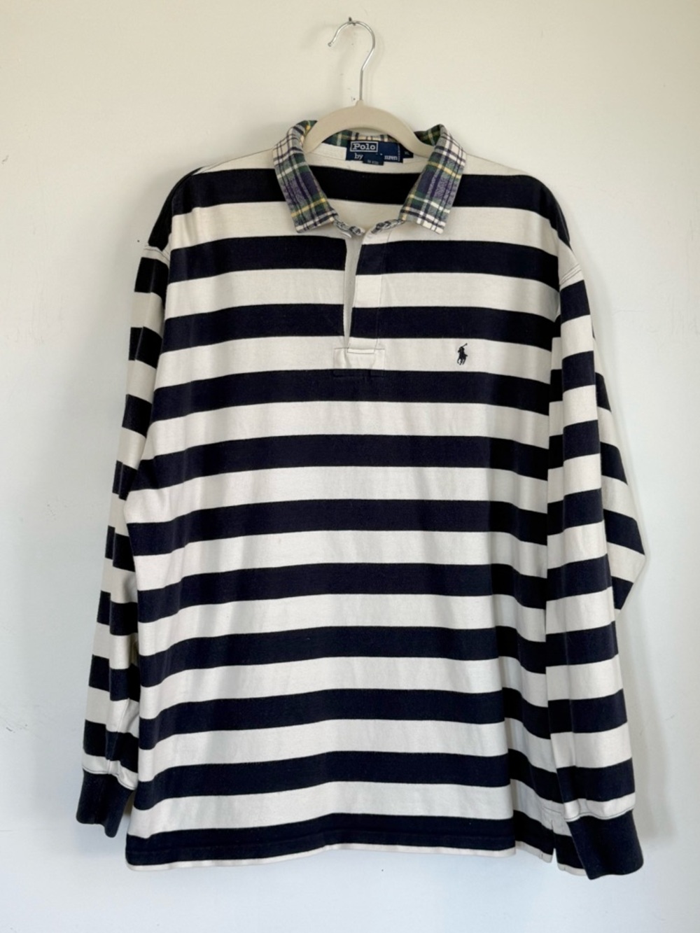 Vintage Ralph Lauren Blue Stripe Rugby Polo Shirt, Plaid Collar, Long Sleeve XL